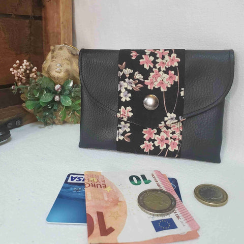 Portefeuille porte-monnaie Origami en simili cuir noir et coton japonais