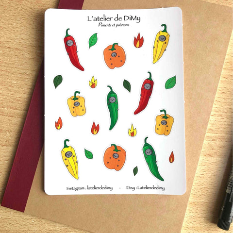 Feuille d’autocollants “Piments et poivrons”- Planche de stickers mignons pour scrapbooking, bullet journal, art journal, agenda
