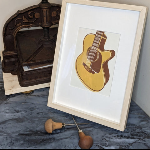 Impression Linogravure « Guitare » en Multi-Blocks - Création originale | Guitar Linocut print portrait